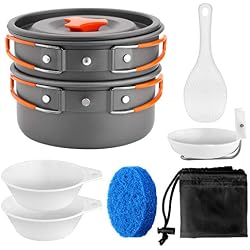 Odoland Multi-PCS Kit de Casseroles Camping Poêlé en Aluminium Durable et Compact - Poêle +Casseroles +Assiettes +Bols Ustensiles de Cuisine pour Camping (9en1 pour 1 à 2 Gens)