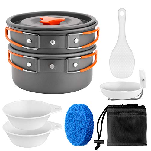 Odoland Multi-PCS Kit de Casseroles Camping Poêlé en Aluminium Durable et Compact - Poêle +Casseroles +Assiettes +Bols Ustensiles de Cuisine pour Camping (9en1 pour 1 à 2 Gens)
