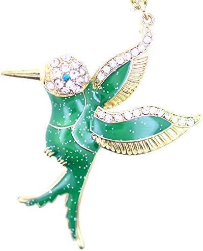 Lizzyoftheflowers - Art Deco style green enamel hummingbird bird necklace with sparkly crystal