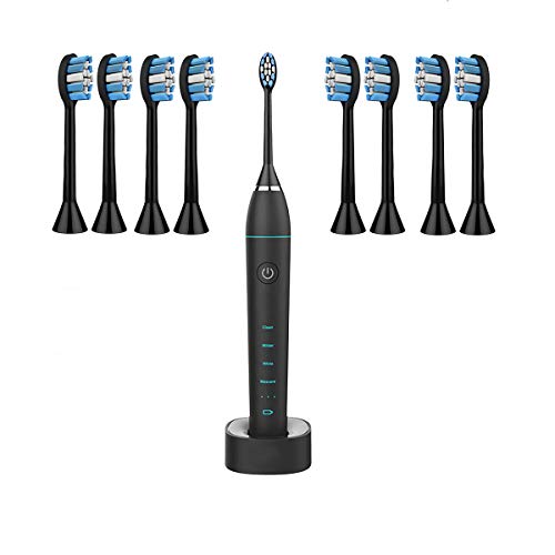 TZLong Brosse à dent électrique Sonic Whitener Batterie Rechargeable Soft Clean Brosse à Dents Noire étanche pour Adultes avec 8 têtes de Rechange pour Brosse à Dents