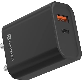 Portronics Adapto 45 22.5 W Mobile Charger Adapter with Dual Port (USB A + PD Type C), Fast Charging, Short Circuit Protection, Wide Compatibility (Black)