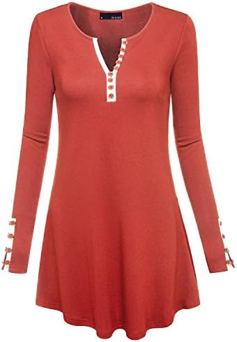 Miurus Tunics To Wear With Leggings, Ladies Fashion Button Down Sexy Notch V Neck Long Sleeve Knit Jersey Maternity Casual Henley Tunic Shirt Tops Orange Red x Large