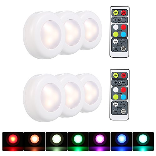 RGB LED Under Cabinet Lamp Puck Light with Remote Control Brightness Adjustable Dimmable Timing Supported 16 Colors Automatic Changing/Flash Lighting Modes Battery Operated Powered (6 Pack)