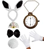 Incluye: banda blanca de conejo de felpa, pajarita negra, cola de conejo esponjosa, nariz de conejo, reloj inflable (circunferencia de 74 cm) y guantes blancos