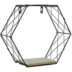 Rameng Etagère Murale Flottante en Bois et Métal Noir Etagere Hexagone Bois Décoration Salon Chambre (A,22x20cm)