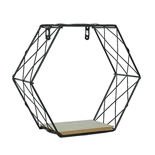 Rameng Etagère Murale Flottante en Bois et Métal Noir Etagere Hexagone Bois Décoration Salon Chambre (A,22x20cm)