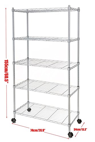Homdox Metallregal Rollregal Schraubregal Standregal Kücheregal aus Verchromten Metall Stahl 5 Regalböden mit 4 Rädern 74x34x155cm Silber - 2