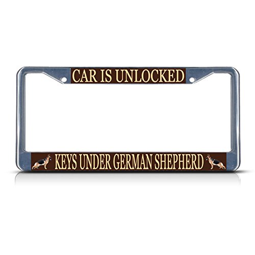 Preisvergleich Produktbild Auto-Kennzeichenrahmen, Aufschrift Car is Unlocked Key unter Deutschem Schäferhund, Metall, perfekt für Herren und Frauen, Auto-Garadge Dekor