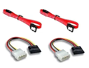 Wizzo (Pack of 2+2) 2 Pieces SATA III (Sata 3) Data Cable with Locking Latch + 2 Pieces 4 Pin Molex to 15 Pin Power Cable Combo for Internal Hard Disk Drive, HDD, SSD & DVD Writer