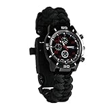 Survival Armband Armbanduhr 6 in 1 Tactical Notfall Uhr mit Paracord Pfeife Fire Starter Scraper Kompass und Thermometer Gear in schwarz