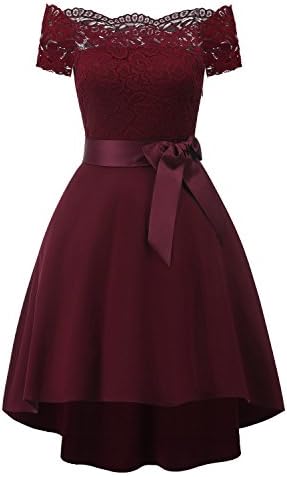KAXIDY Floral Lace Dress Short Sleeve Cocktail Party Dresses Boat Neck Formal Swing Dress for Women (Wine-Red, Large)