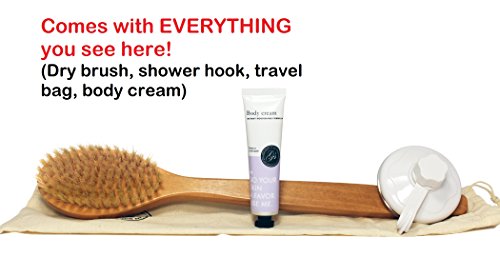 Cruelty-Free & Vegan Dry Brushing Body Brush & Back Scrubber w/ BONUS Shower Hook, Body Lotion, Travel Bag - Long Handle Reach - Excellent for Skin Exfoliating, Cellulite Treatment & Lymphatic Massage