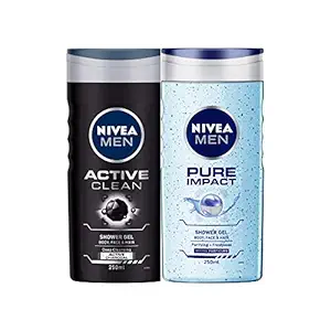 NIVEA Men Shower Gel, Active Clean Body Wash, Men, 250ml And NIVEA Men Shower Gel, Pure Impact Body Wash, 250ml