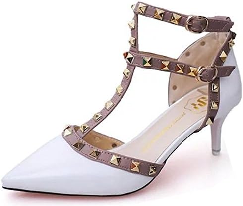 WAROFT Lady's Sexy Rivet Studded Closed Toe Mid Kitten Heel Dress Shoes Strappy Party Pumps White 5.5 UK