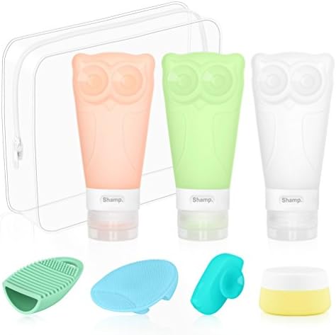 Silicone Travel Bottles[7 Pack, 83ml/2.8oz] Leakproof Refillable Cosmetic Travel Containers w/ Toiletry Bag Makeup Brush Cleaner Face Brush Cream Jar Toothbrush Cap
