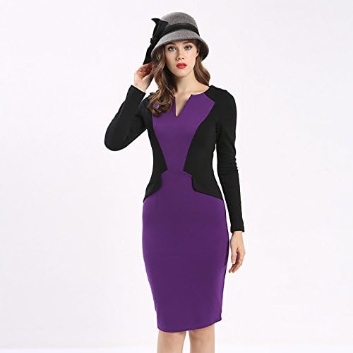 JIALELE Women's Party Daily Going out Vintage Sexy Sophisticated Bodycon Above Knee Dress, Patchwork V Neck Long Sleeves,Purple,XL