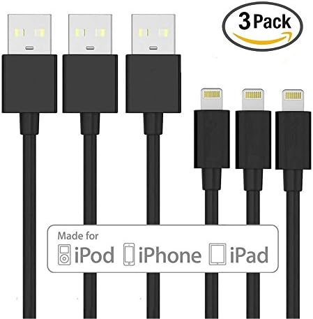 Lightning Cable iPhone Charger, 3-PACK 10ft Extra Long USB Data Cord Sync and Charging Lead for iPhone 7 7Plus SE 6 6s 6 Plus 6s Plus 5c 5s 5, iPad Pro Air Mini, iPod Nano Touch and More (black)