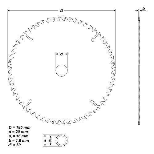 HM Kreissägeblatt Ø 185 x 20 / 16 mm 60 Zähne Sägeblatt für Holz Plexiglas Alu - 4