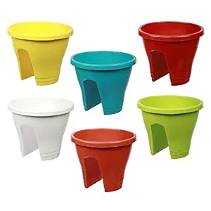 TRUPHE Multicolor Plastic Hook Railing Flower Pot for Balcony Decoration - Set of 6 | Ideal for Balcony Decoration | 12 inches