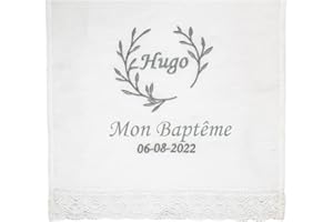 Lange de baptême personnalisée - Carré de baptême brodé - Mouchoir de baptême avec le Nom et la Date - Modèle Petites Feuilles - Nenel (Gris)