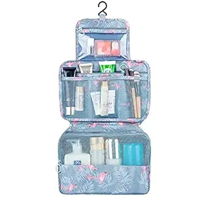 SOUVENIR Hanging Travel Toiletry Bag Makeup Cosmetic Make up Organizer Bag for Women and Girls Waterproof Multi Storage Compartment for Travel Bathroom and Shower Makeup Pouch Bag (Blue - Flamingo)