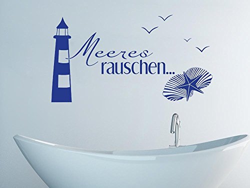 Graz Design 650166_30_049 Wandtattoo Deko für Bad Sprüche Wand Aufkleber Fliesentattoo Meeres rauschen maritim mit Leuchtturm und Möwen 55x30cm Königsblau
