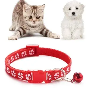 RvPaws Footprint Cat Collar with Bell Basic Dog Cat Collar Buckle Adjustable Polyester Cat Dog Collar Quick Release and Breathable Collar 10 MM (Red Color)