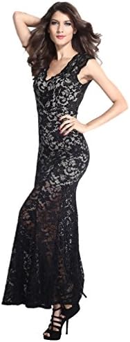 Voguehive V-neck Floral Lace Backless Sexy Prom Evening Gowns Long Dresses (One size, Black)