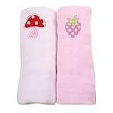 Minene Muslin Squares with A Embroidered Mushroom and Strawberry (2 Pieces, White and Pink)