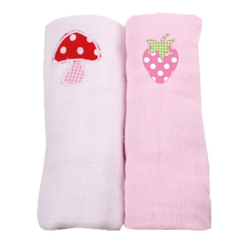 Minene Muslin Squares with A Embroidered Mushroom and Strawberry (2 Pieces, White and Pink)
