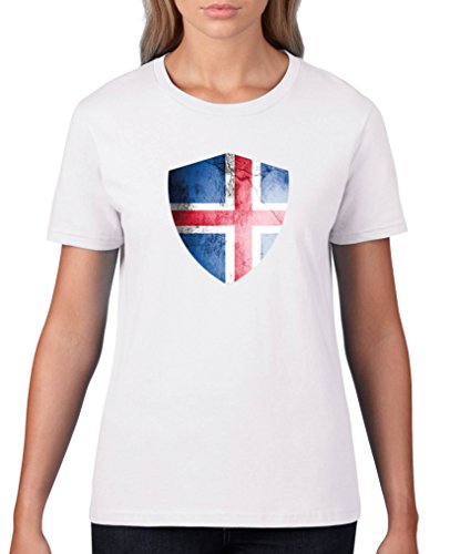 Comedy Shirts – Island Trikot – Wappen: Groß – Wunsch – Damen T-Shirt – Weiss / Royalblau Gr. M