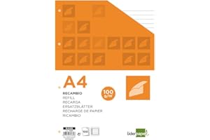 Recambio liderpapel a4 100 hojas 100 g/m2 rayado horizontal con margen 4 taladros