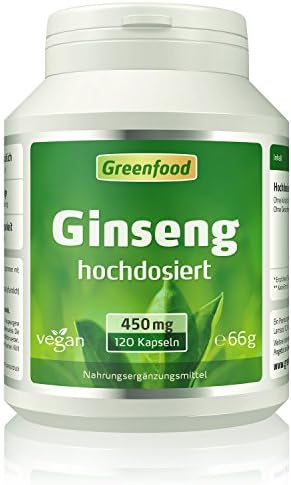 Greenfood - Ginseng (Siberian Ginseng), 450 mg, 120 Vegi capsules, highly dosed, at least 0.8% Saponine - for vitality and well-being. NO artificial additives. Non-GMO. Vegan.