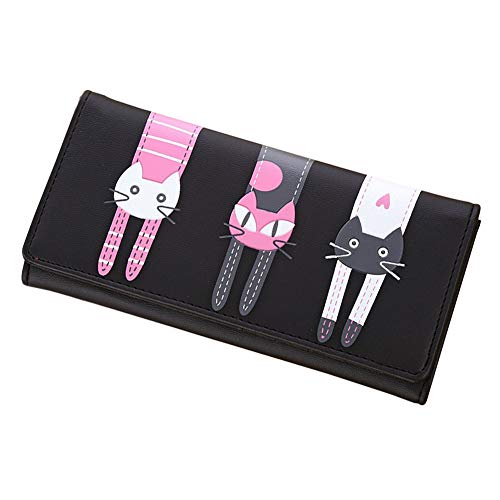 Hrph Donne Gatto Cartone Animato Portafogli lungo Creative Porta Carte Signore Casuali Pochette Similpelle Portamonete - Nero