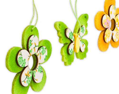 6x Deko Anhänger Blume Schmetterling zum Hängen aus Filz Holz rosa grün gelb , Ø 5,8 cm, Frühlingsdeko Hängedeko für Frühling Sommer - 2