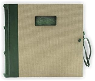 Photo Album Bound in Leather and Canvas, Green and Beige, H20xL20, Corium Collection, Hand Made in Italy by Legatoria Toscana, Tuscan Handcrafted