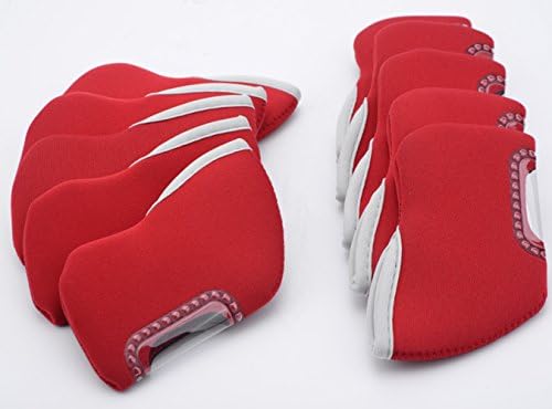 FLTRADE Golf Iron Covers,10 PCS Plain Water Resistant Nylon Golf Iron Club See Through Window Head Cover Protection Sleeve Case Set,Red