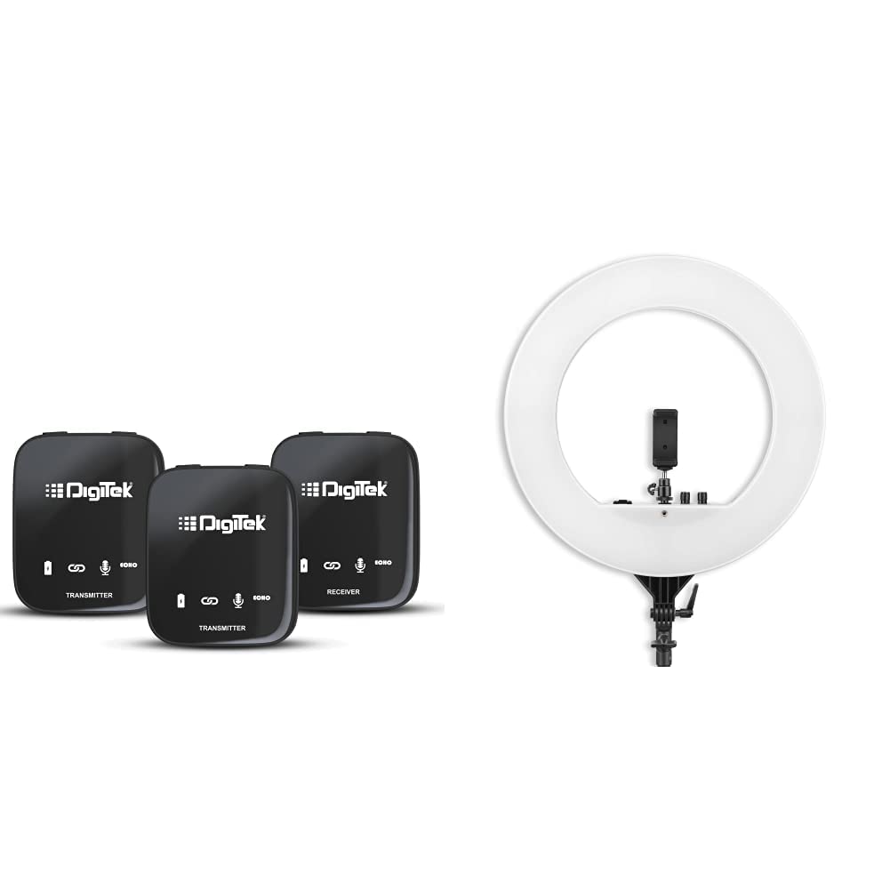 Digitek Wireless Microphone System for DSLR, Camcorder, Smartphone & Tablet DWM 101 & (DRL 018) Professional 46 CM (18 inch) Big LED Ring Light with 2 Color Modes Dimmable Lighting