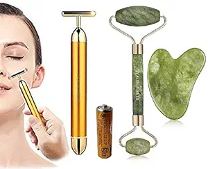 RUDRESHWAR T-Shaped Energy Beauty Bar Gold Electric Vibration Facial Massage With Anti Aging 100% Natural Jade Stone Facial Roller With Gua Sha Tools. (T + JADE ROLLER GAUSHA)