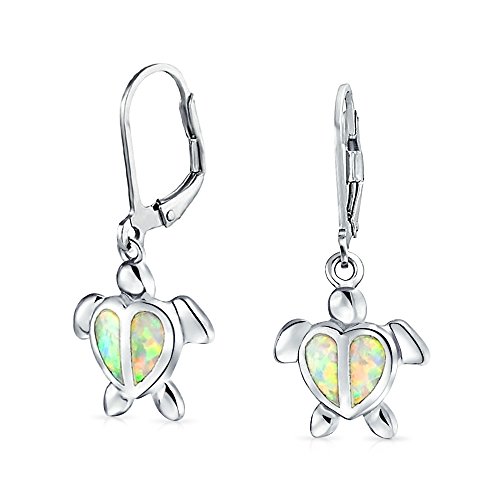 Dainty Vacation Nautical Marine Life Ocean White Blue Created Opal Heart Turtle Drop Lever back Earrings For Women Teen .925 Sterling Silver