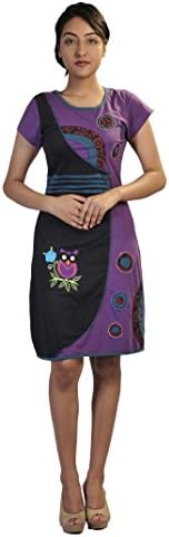 Ladies Short Sleeved Dress with Multicolored Floral Patch Print & Embroidery