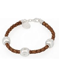 Alexandra plata - Pulsera de cuero español trenzado con bolas y broche de plata de ley 0925,longitud 17 cms