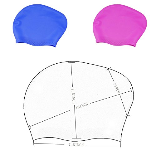 Ipow 2-Stück Hochwertige Silikon Badekappe Bademütze Badehaube für lange Haare gesund und warm Swim Cap (Pink + Blau) - 4