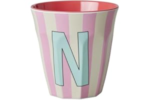 Rice Melamin Becher medium gestreift mit Buchstaben, Modell für Junge Blau-Grüntöne, Größe 9 x 9 cm (N Mädchen)