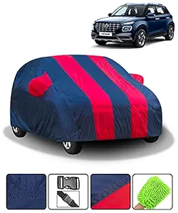 Fabtec Car Body Cover for Hyundai Venue with Mirror Pocket (Full Sized, Full Bottom Elastic, Red & Blue Stripe Design)