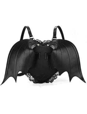 Greeniris Schwarz Schläger Flügel PU-Leder Rucksack Handtasche Damen Stilvoll Punk Tagesrucksack