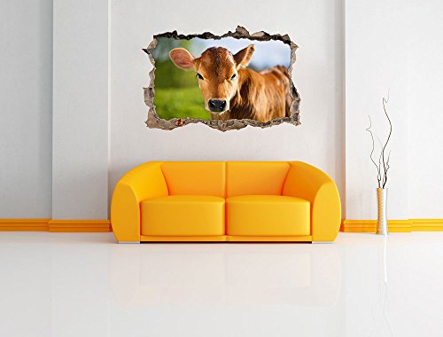 Junge Kuh Kälbchen Wanddurchbruch im 3D-Look, Wand- oder Türaufkleber Format: 92x62cm, Wandsticker, Wandtattoo, Wanddekoration - 2