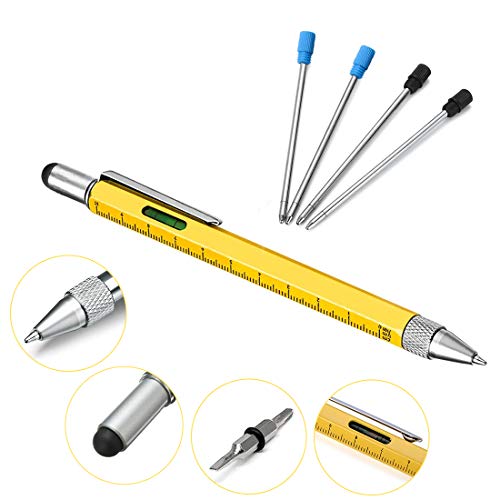 Stylo à outils multifunction, Jestool 6 en 1 Outil de Tech Pen avec Règle, Niveau à bulle, Stylo à bille, Stylet, Tête plate et tournevis cruciform pour Hommes Cadeau Jaune