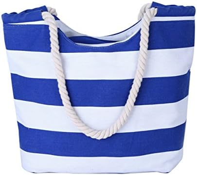 PLEASANT PALCE Ladies Canvas Beach Bag Causal Shopping Bag Shopper Tote Shoulder Bag for Summer Holiday and Travel with Cotton Rope Handle (Navy-45cmx32cmx14cm)