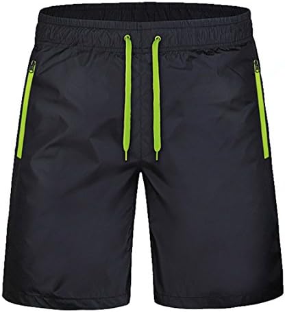 Angelia Girl Men's Simple Elastic Waistband Quick- drying Beach Shorts With Zipper Pockets (XL, Black&amp;Green)